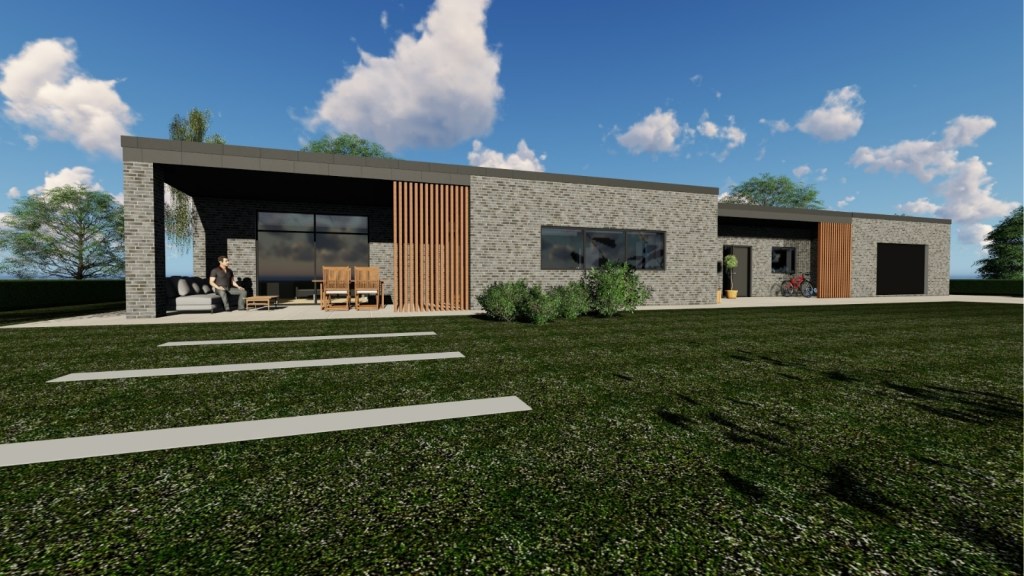 Arkitekttegnet murstenshus med trælameller, store vinduespartier og overdækket terrasse.