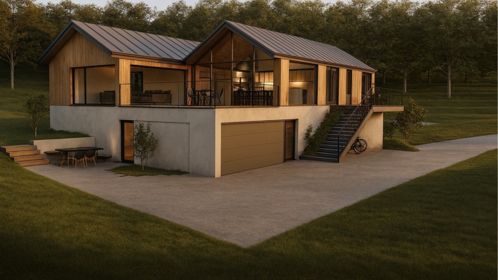 Moderne Villa i to plan, opført i træ og beton, udnyttelse af skrånende terræn med stor terrasser og store glaspartier.